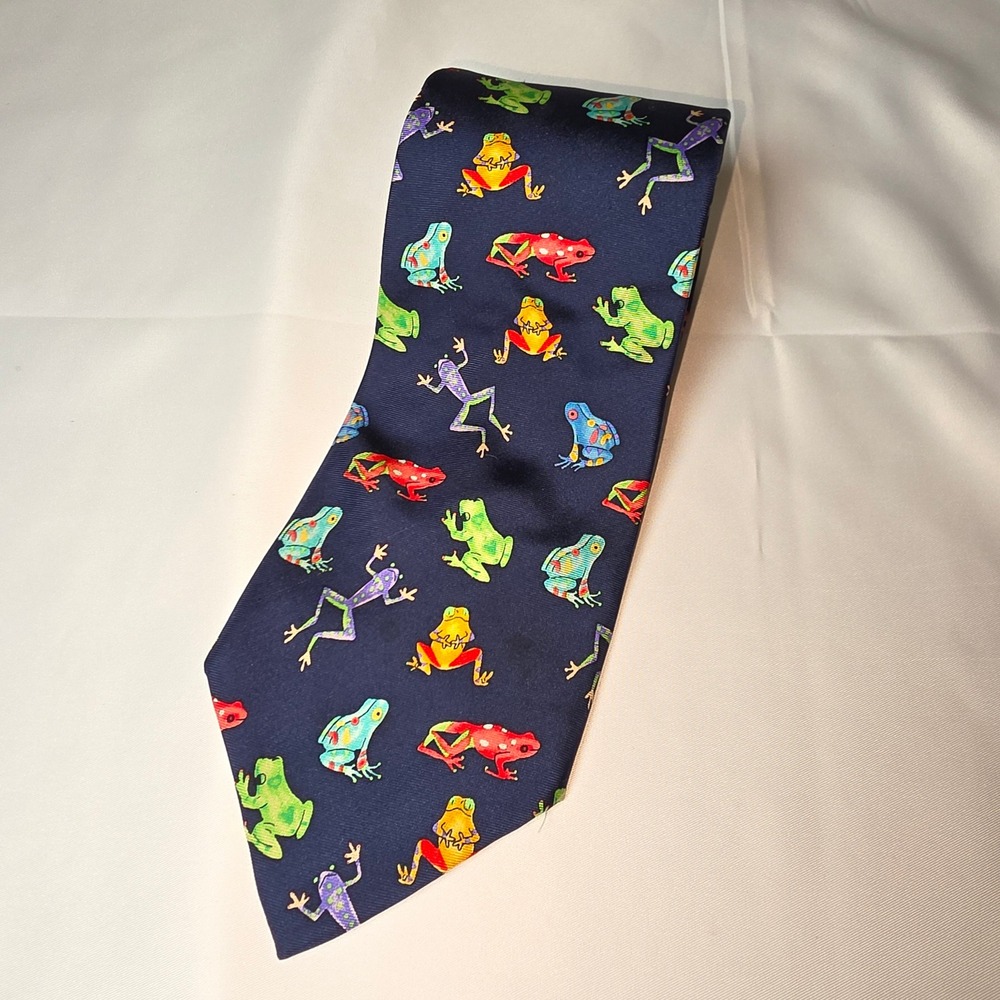 Vintage Alynn Neckwear My Prince Frog Silk Tie Navy Blue Tree Frogs USA Made